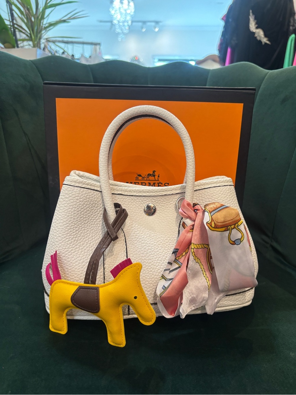 White Leather petit bag with satin scarf & equestrian charm
